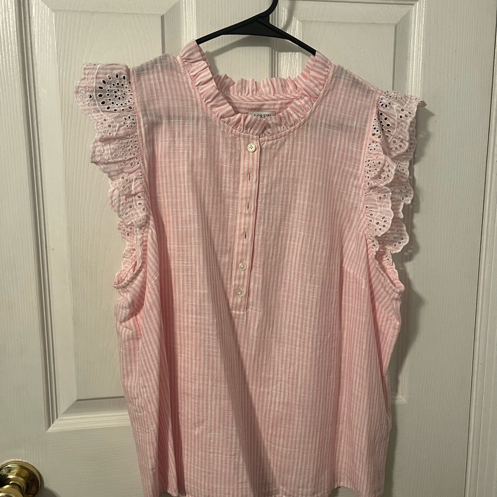 J. Crew Pink and White Striped Ruffle Blouse